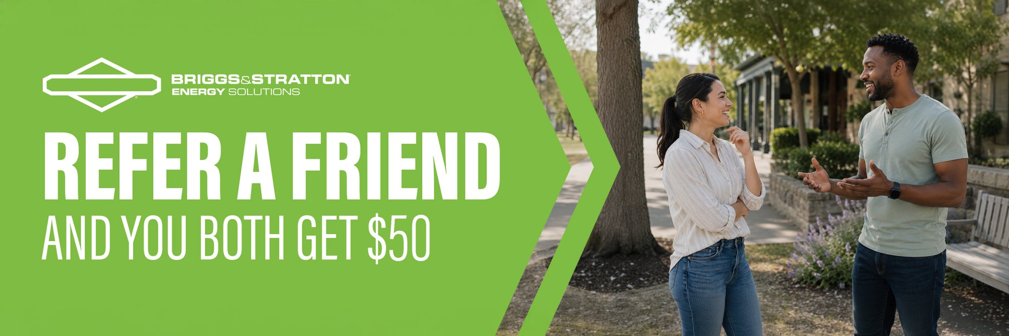 Refer a Friend and you both get $50 - woman and man talking