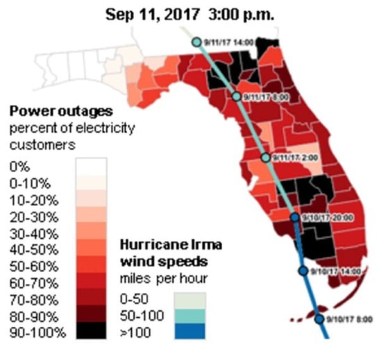 Power outages and hurricane speeds map