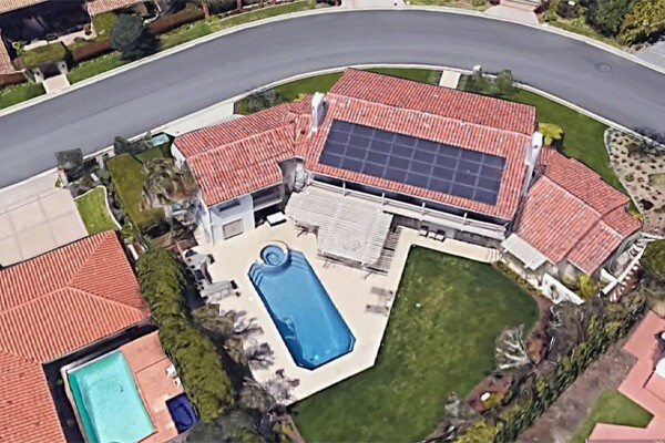 Bird's-eye view of home in California with solar panels