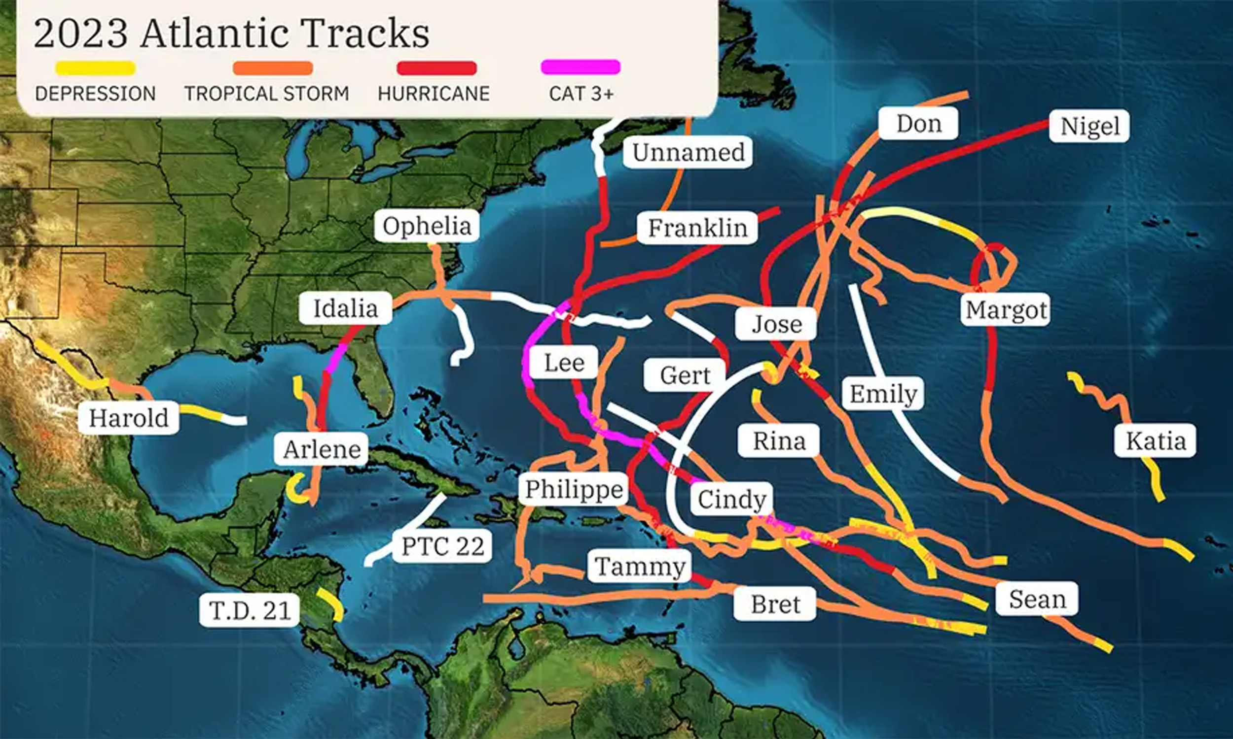 2023 Atlantic storm tracking map